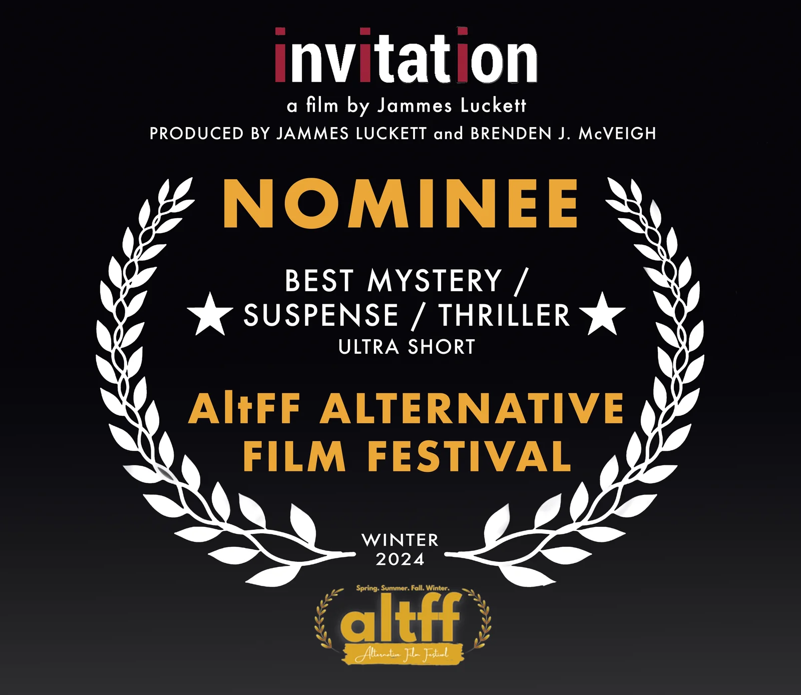 INVITATION Nominated for Best Mystery/Suspense/Thriller at AltFF